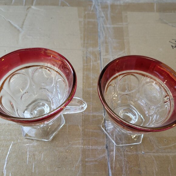 2 VTG INDIANA GLASS RUBY FLASH KINGS CROWN THUMBPRINT FOOTED PUNCH CUPS "BIN A" - Picture 2 of 7
